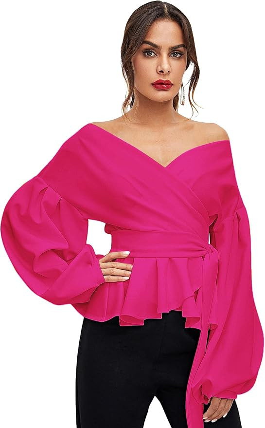 SheIn Women's Long Sleeve V Neck Ruffle Blouse Off Shoulder Tie Waist Wrap Tops | Amazon (US)