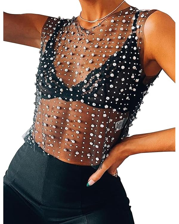 Meladyan Women Sexy Sheer Mesh Diamond Rhinestone Crop Tank See Through Hollow Out Sleeveless Cre... | Amazon (US)