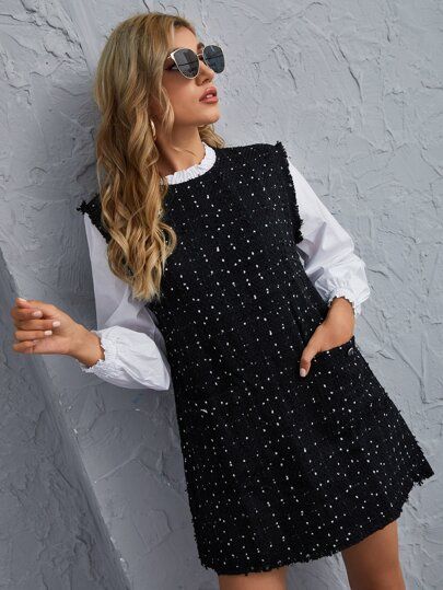 Frill Neck Contrast Sleeve Tweed Dress | SHEIN