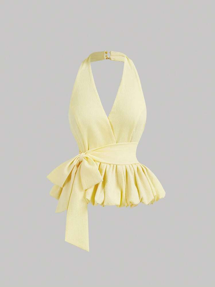 SHEIN MOD Yellow Halter Neck Halter Bubble Hem Women's Top With Oversized Bow, Date Top, Vacation Top, Picnic Top, Brunch Top, Party Wear, Y2K, Tube Top, Women's Club Wear, Off-The-Shoulder Top, Women's Wedding Guest, Cute Top, Women's Crop Top, Vacation Woman, Boho Women's, Country Concert, Rave Festival, Brunch For Women, Beach Vacation, European Summer, Cute Summer Tops | SHEIN
