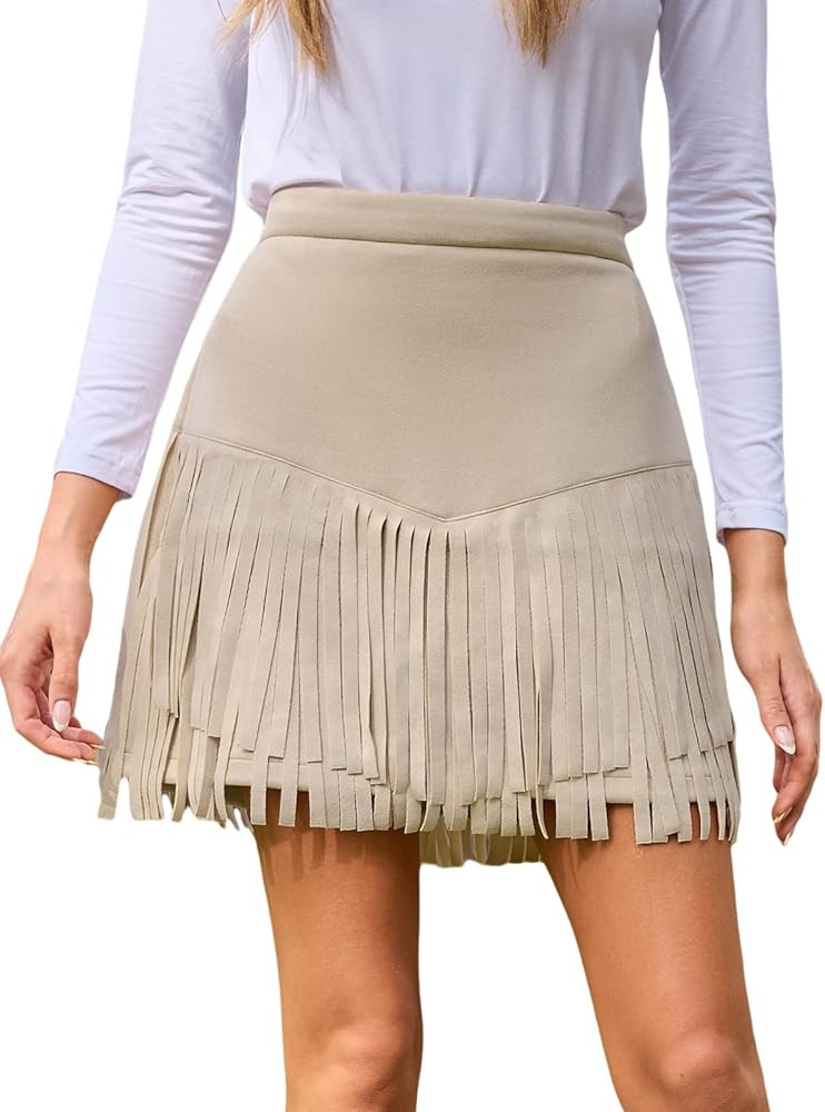 CUPSHE Women Fringe Skirts Western Cowgirl Terra Cotta High Waist Mini Skirt Suede Tassel Short C... | Amazon (US)