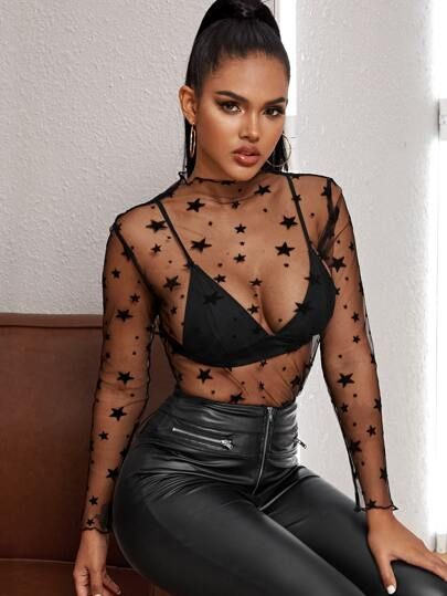 Frill Sheer Star Mesh Top Without Bra | SHEIN