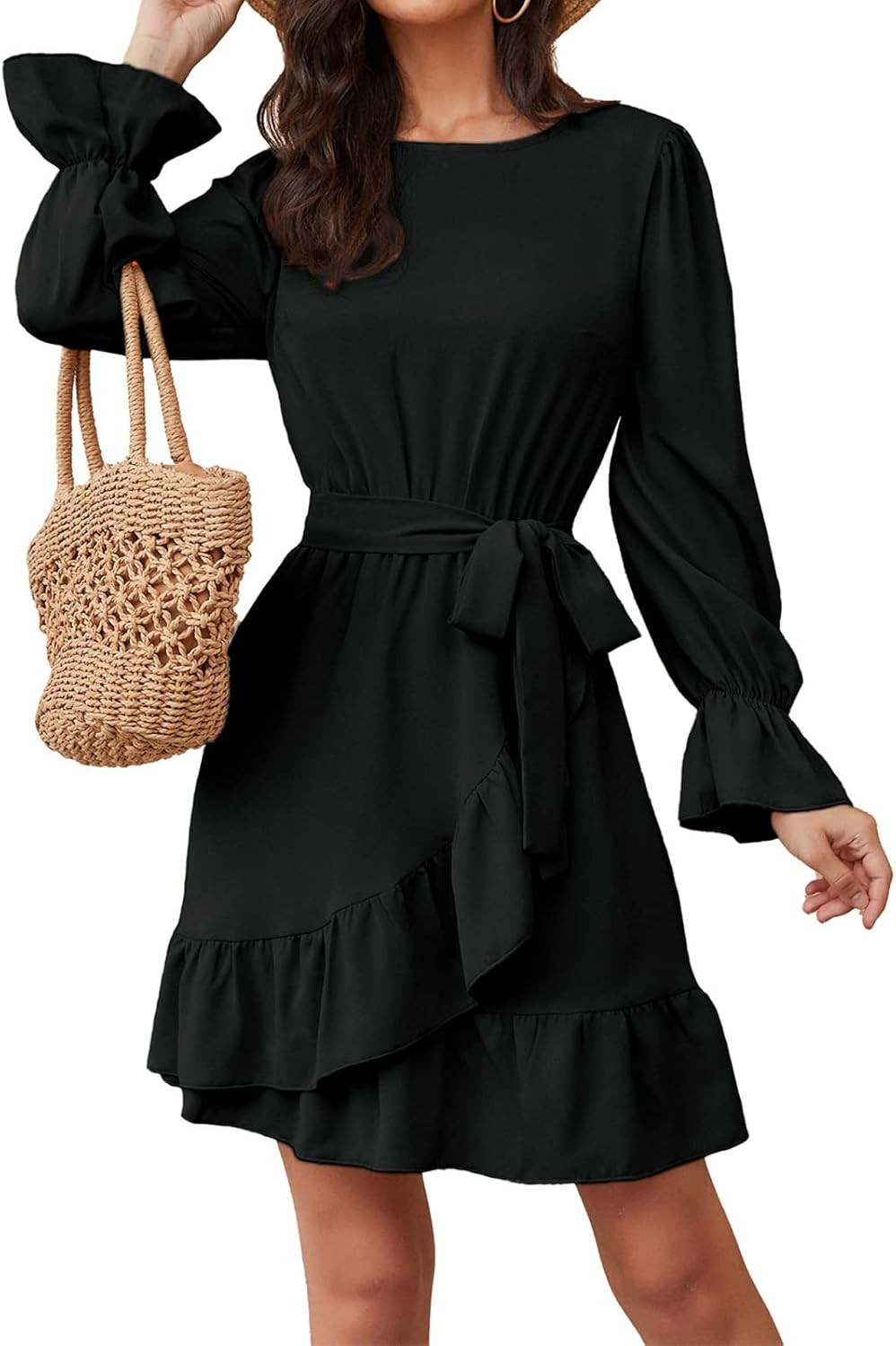 CFLONGE Women Flowy Crew Neck Long Sleeve Ruffle High Waist A-Line Short Dress Flared Sleeve Soli... | Amazon (US)