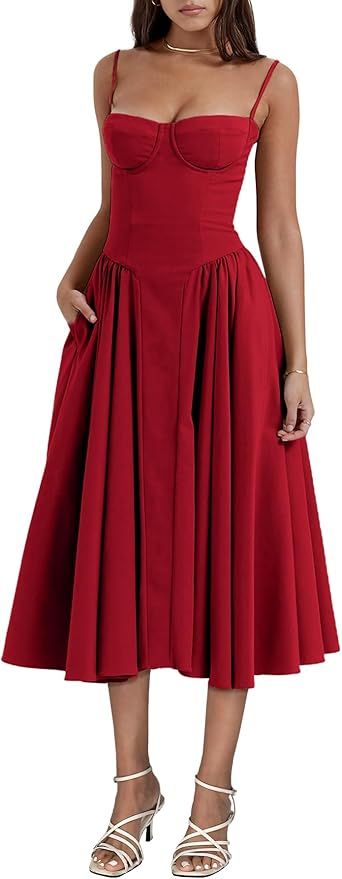 LYANER Women's Spaghetti Strap Pleated Sleeveless Corset Midi Dress with Pocket | Amazon (US)