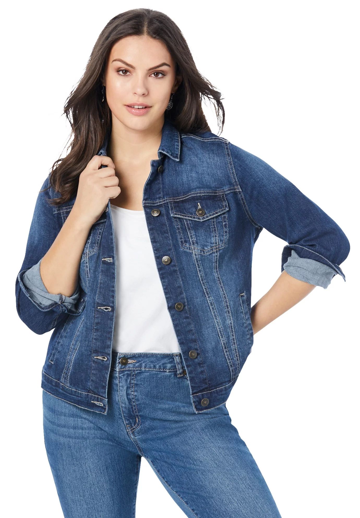 Roaman's Women's Plus Size Essential Denim Jacket Jacket - Walmart.com | Walmart (US)