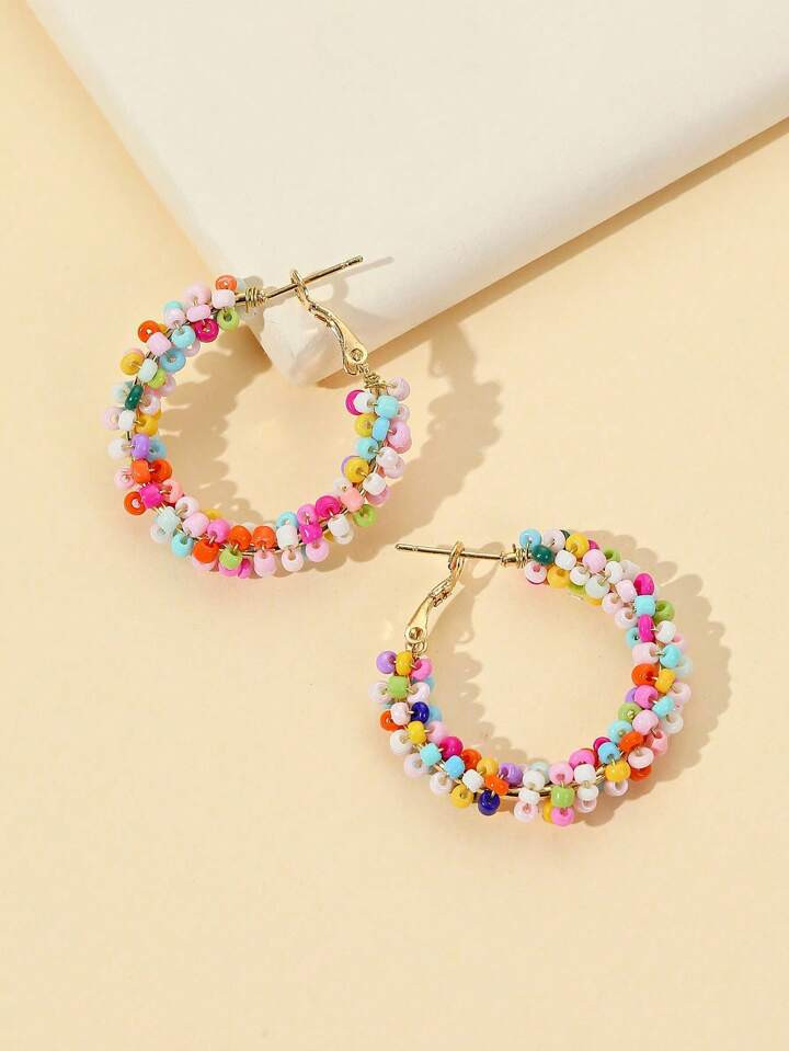 1pair Fashion Beaded Hoop Earrings For Women For Ear Decoration | SHEIN