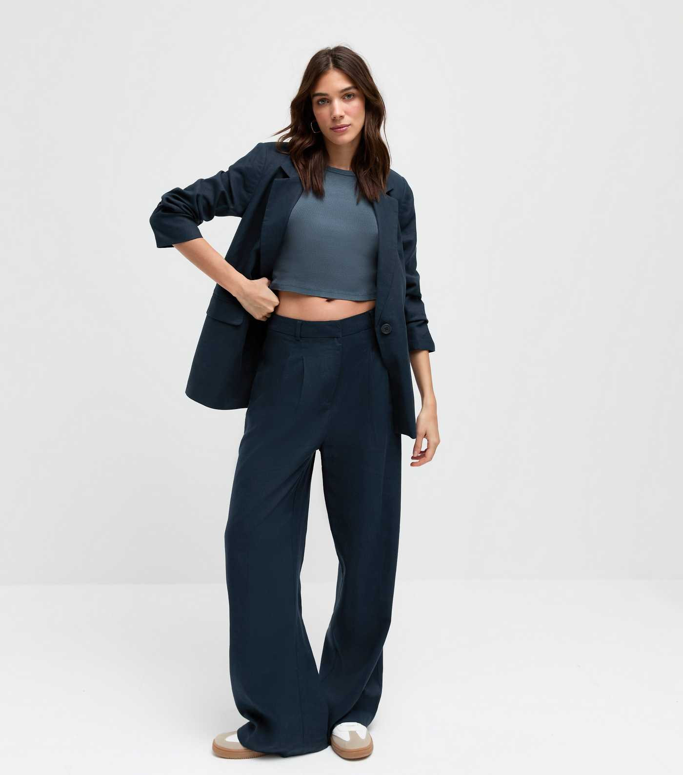 Navy Linen-Blend Wide-Leg Tailored Trousers | New Look | New Look (UK)