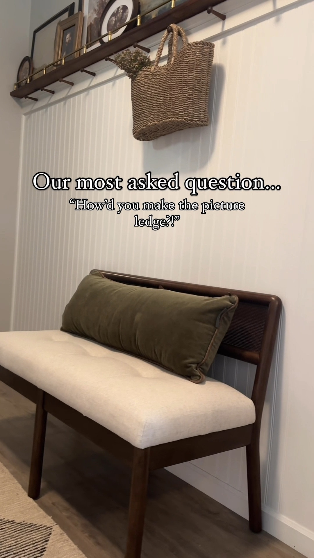 A chaotic brass picture ledge tutorial 😂

In phase 1 we added beadboard panels from Home Depot with a 3 inch board on top. This ended up being 64 inches tall in our space! We attached the boards with construction adhesive and brad nails. 

Put the trim back up and added a coat of paint to everything-Sherwin Williams Pure White!

Then Jeff got to work on the ledge made out of black walnut (you can get this at your local lumbar yard or just stain a piece of wood to the color of your liking). We went with a ledge that’s 4 inches deep so we’d have enough room for the brass railing and art to be safely be displayed.

Jeff dry fitted the brass railing we got off of Etsy and since we used black walnut we just had to oil the wood to bring out that beautiful color! He attached the railing using the smallest screws known to man 😂 and then we attached it to the top of the beadboard using construction adhesive and brad nails. We added another trim piece right under this for a more finished look as well as trimming out the 2 corners of the wall.

Added a fresh coat of paint to the new trim and then installed black walnut pegs to match the railing! The art is a variety of prints and frames mostly from target and Etsy that I layered! The big frames have a command strip at the top so they don’t fall down.

So in love with how this turned out and so happy that it’s the first thing guests see when they come over 😍

#LTKHome #LTKStyleTip