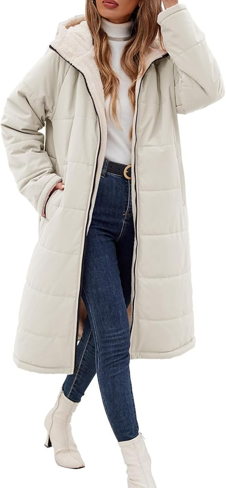 Long Womens Winter Coat Fleece Lined Coats Sherpa Quilted Puffer Jackets with Hood Zip Warm Thick... | Amazon (US)