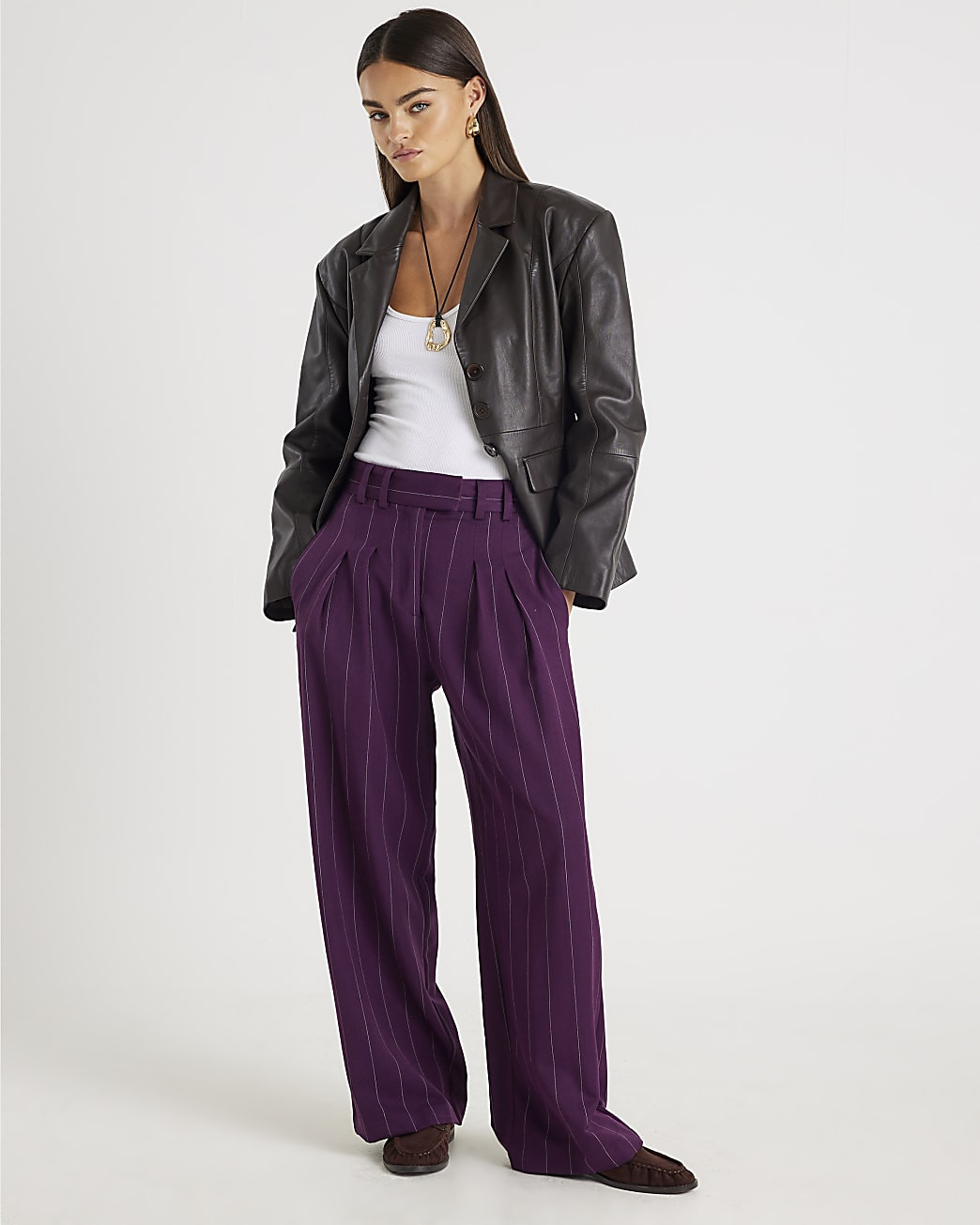 Purple Pinstripe Wide Leg Trousers | River Island UK & IE
