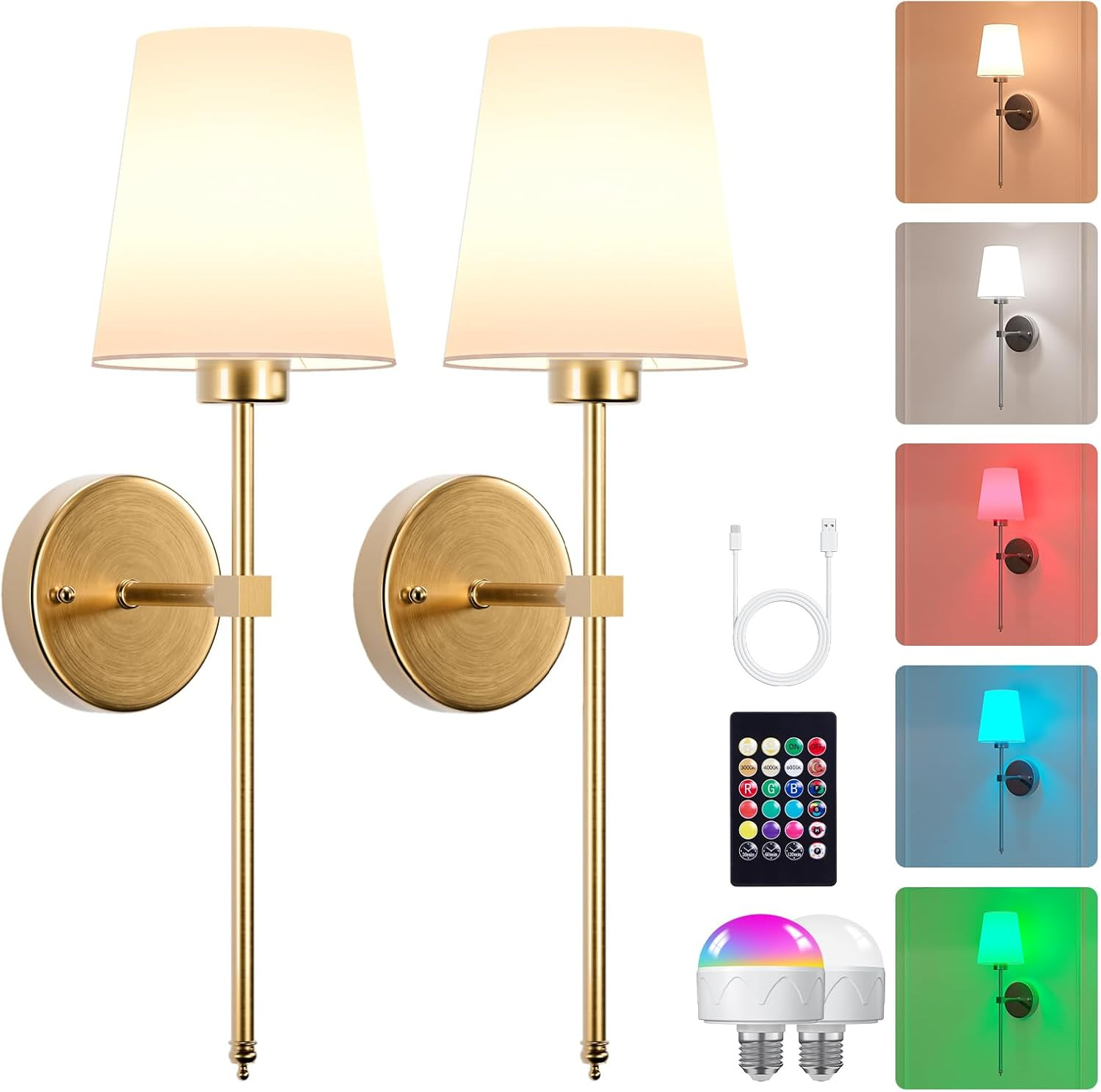Battery Operated Wall Sconces Set of 2, Remote Control Wireless Wall Light with Rechargable Bulbs, Dimmable&9 Colors,USB Charging, White Shade Indoor Lamp for Bedroom Living Room Hallway(Gold) | Amazon (US)