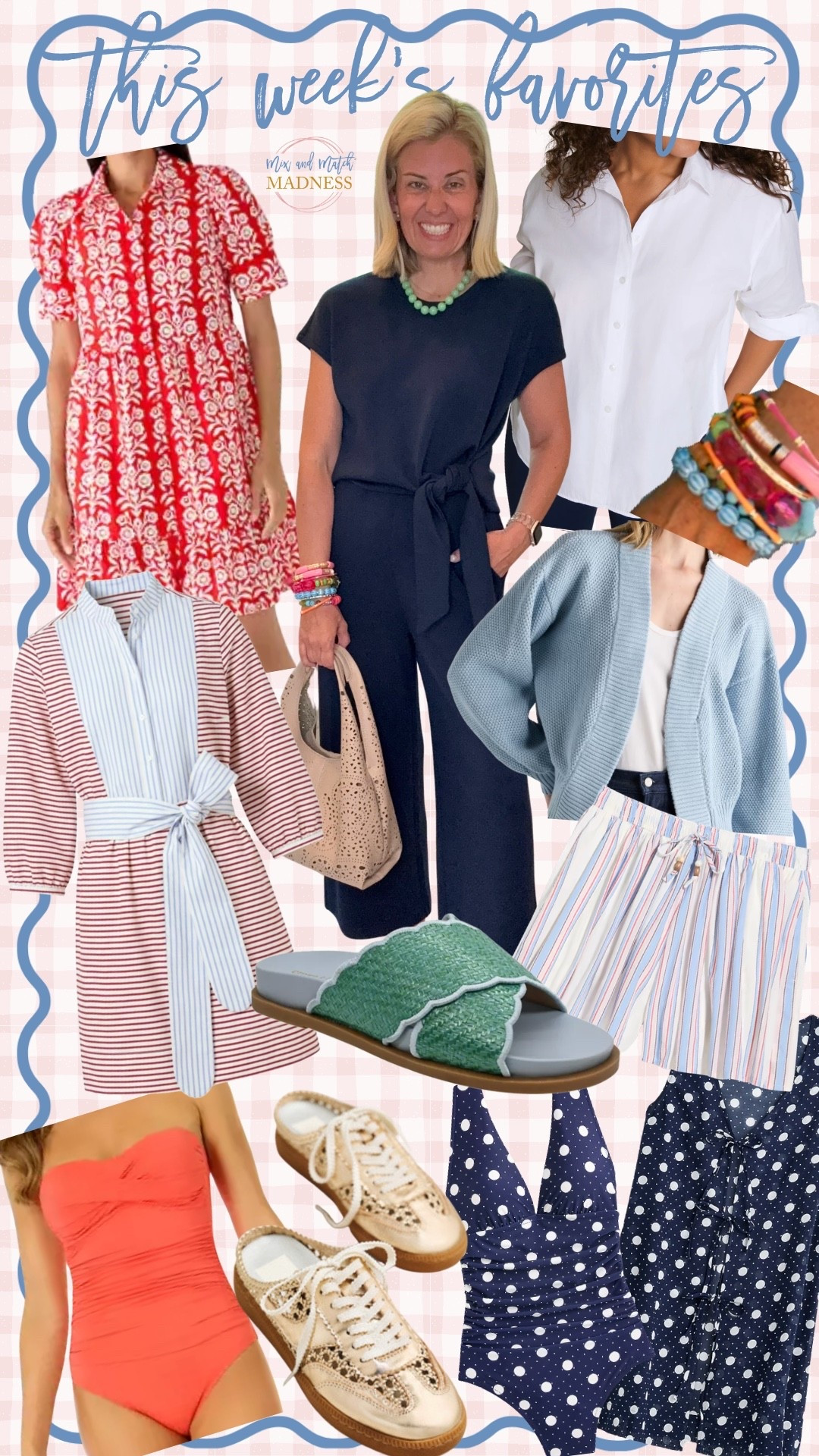 This week’s favorites are hands-down, some of my favorites too! So much is on sale!!!

Green sandals - Buy one get TWO free ￼
Red Swimsuit - BOGO FREE
White Buttondown - 30% off with code WHITE30
Red Dress - $29.99 what????
Polka Dot Swim - 60% off
Stripe Skort - $18.49