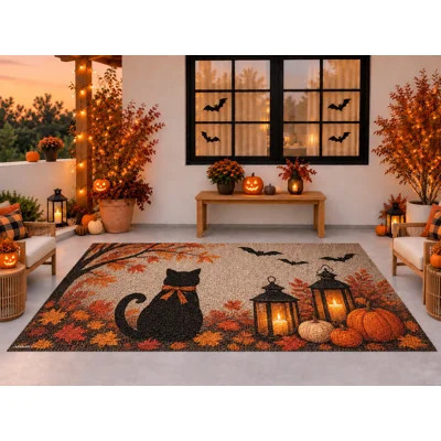 5' x 7' Outdoor Area Rug, Black Cat Pumpkins Lanterns Autumn Halloween Pattern, Waterproof PVC Coil Loop Carpet, Heavy Duty Quick Dry Mat for Porch De | Wayfair North America