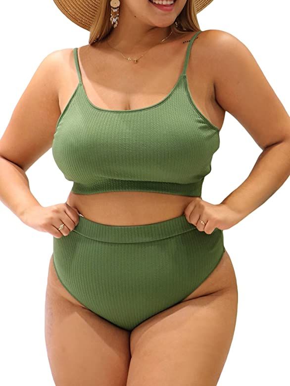 Romwe Women's Plus 2 Piece Ribbed High Waist Bikini Sets Basic Swimsuits Solid Bathing Suits Swim... | Amazon (US)