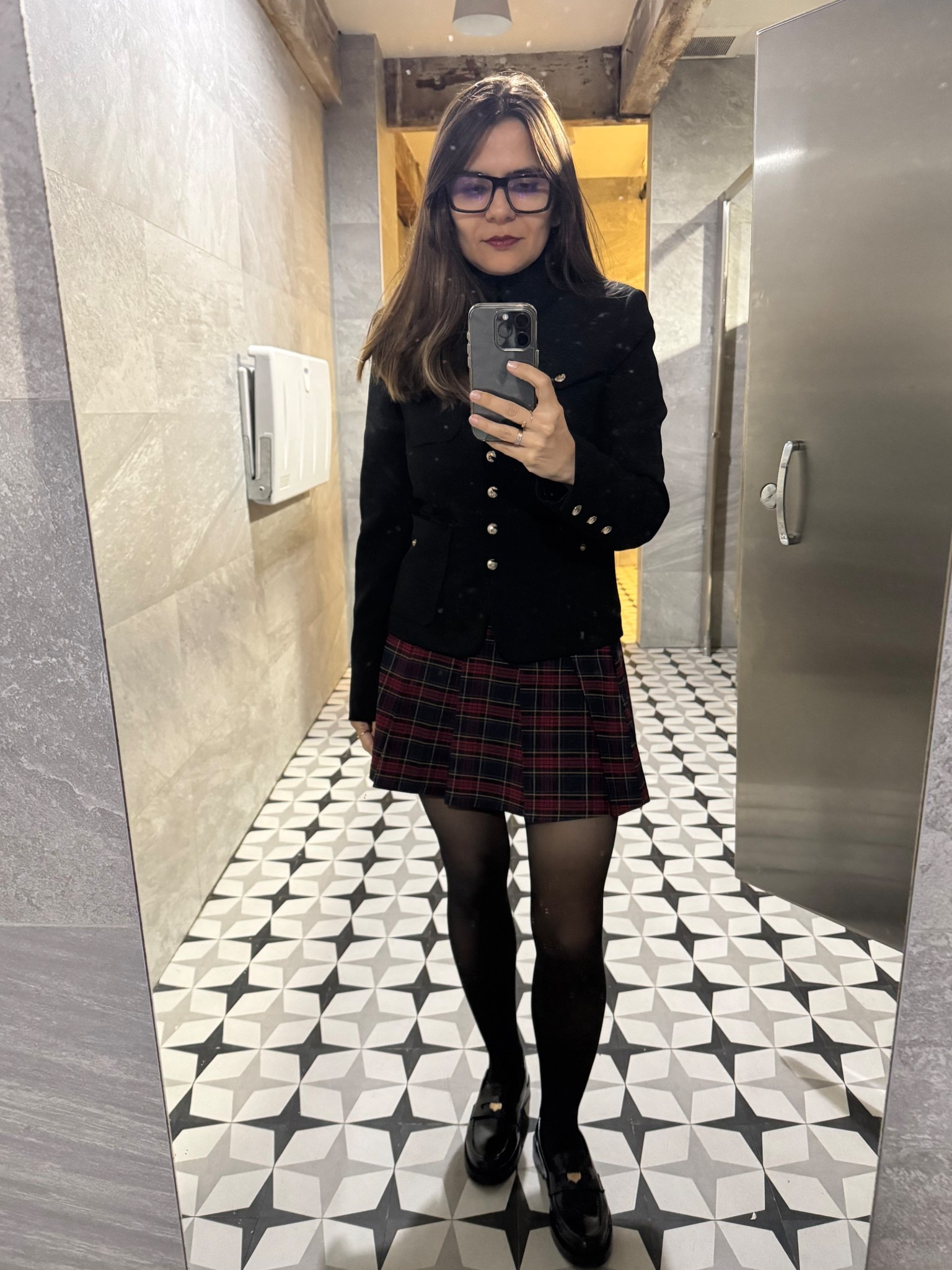 The row button-down blazer alternative, Khair button down blazer with red tartan pleated skirt with penny loafer. ySL blue light glasses. Sheertex tights. 

#LTKWorkwear #LTKSeasonal #LTKPetite