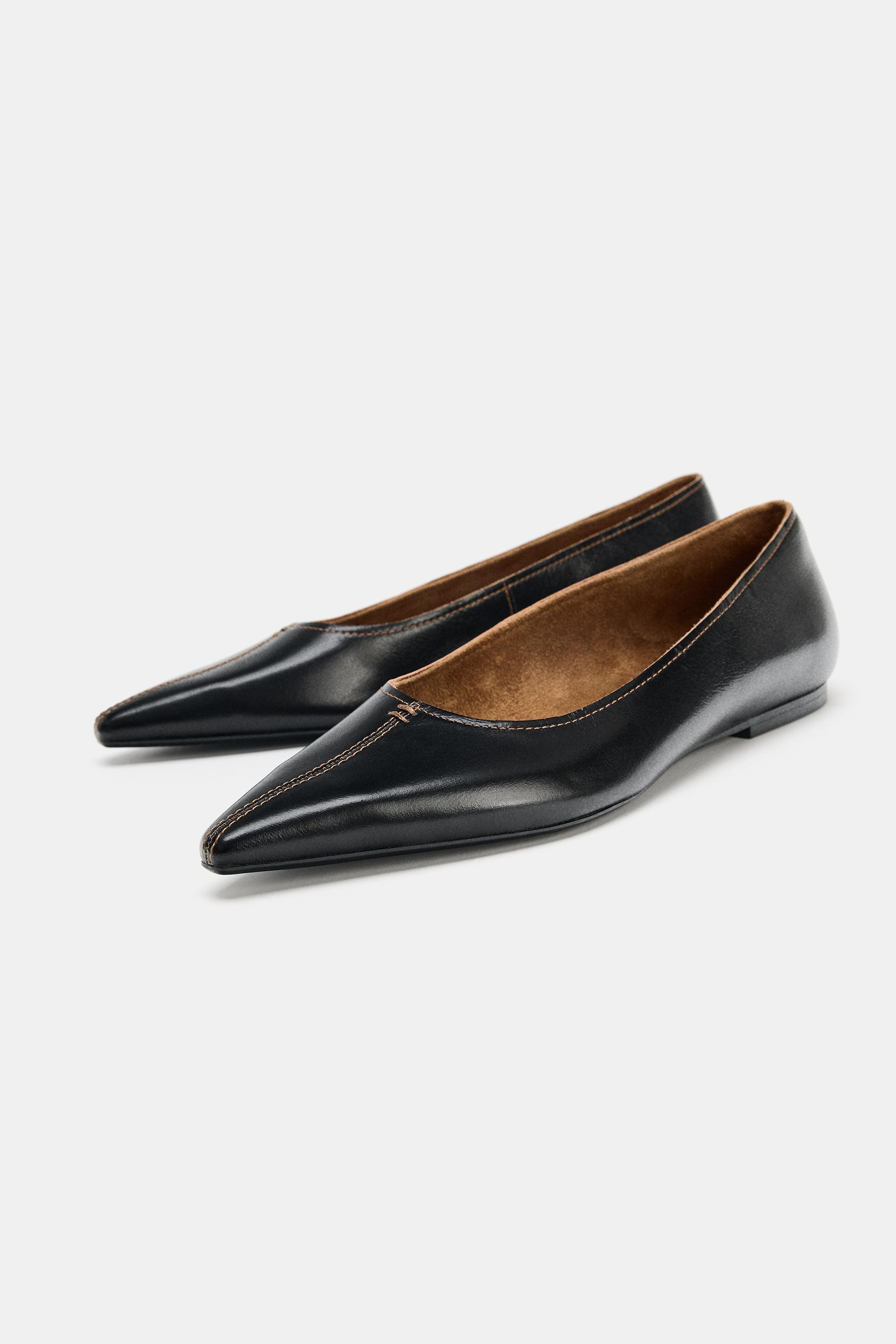 LEATHER BALLET FLATS WITH TOPSTITCHING | Zara US