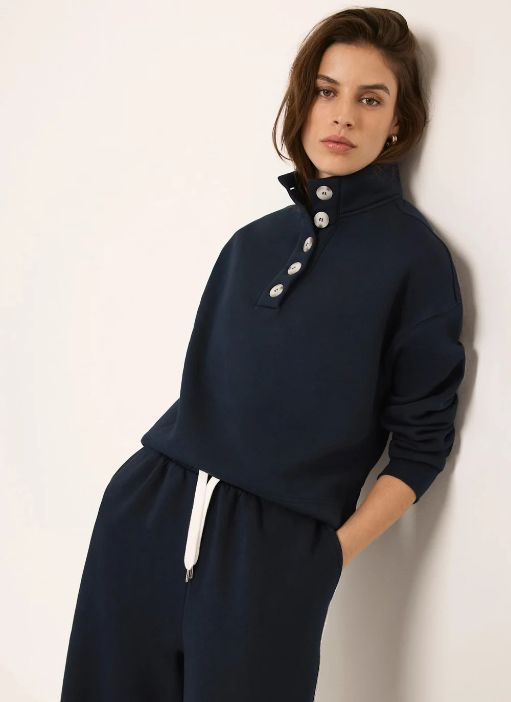 Navy Button Detail Sweatshirt | Mint Velvet