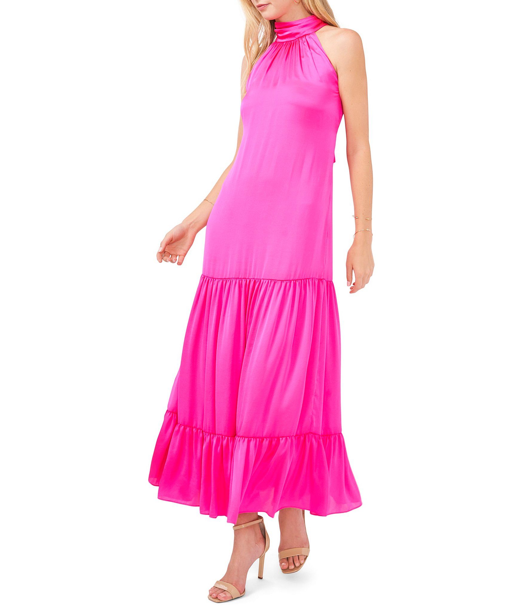 Rumple Tiered Halter Mock Neck Sleeveless Drop Waist Bow Tie Back Detail Maxi Dress | Dillard's