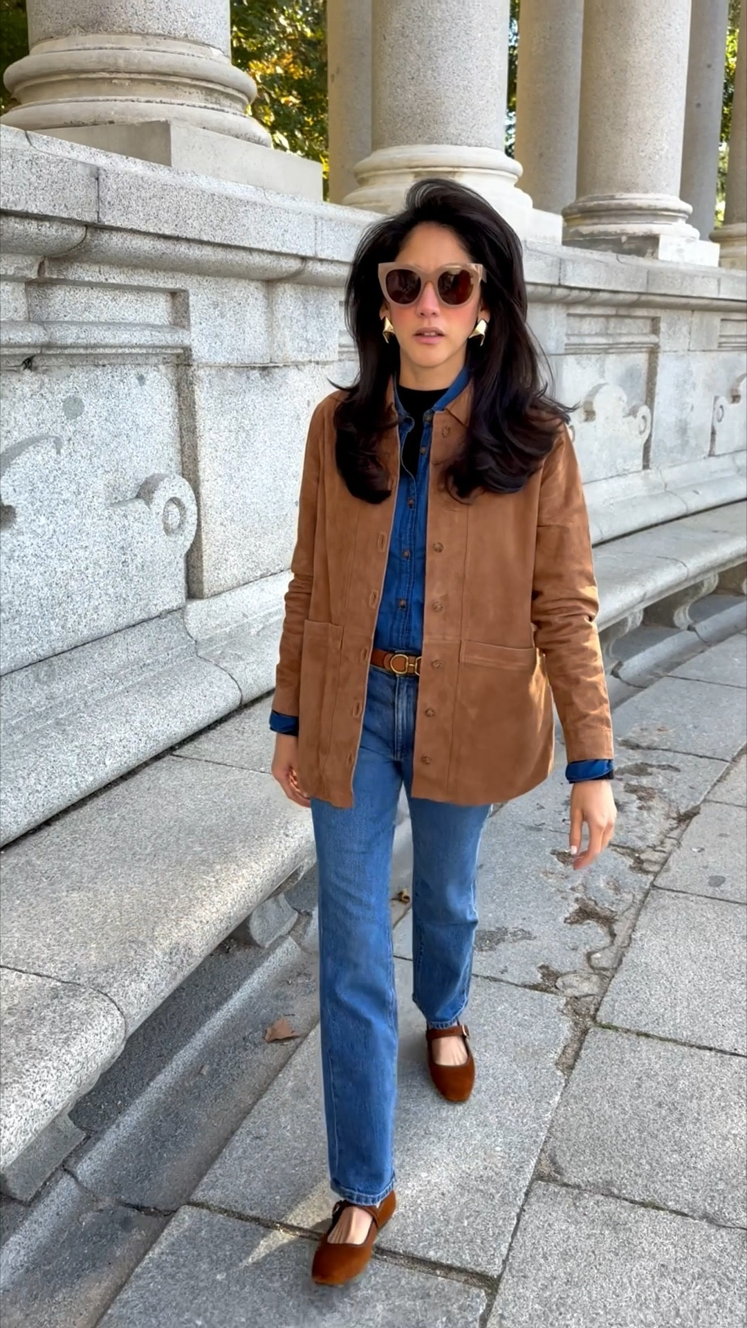 Suede jacket, denim shirt, black sweater, jeans, ballet flats, matching belt. It’s all about the layers 

#LTKTravel #LTKootd #LTKWorkwear