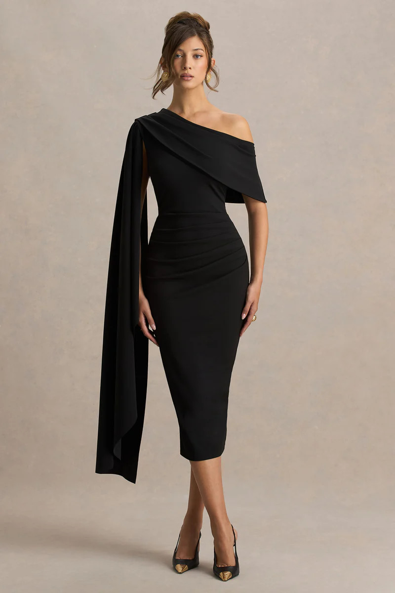 Leah  Black Asymmetric-Neck Midi Dress With Cape-Sleeve And Draped Detailing | Club L London