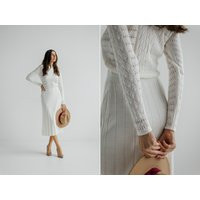 Milky White Knit Sweater Dress Cotton Blend Turtleneck Midi Dress | Etsy (US)