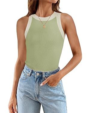 ZESICA Womens 2024 Summer Sleeveless Tank Tops Ribbed High Neck Racerback Slim Fitted Color Block... | Amazon (US)