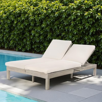Outdoor Patio Acacia Wood Double Daybed Sunbed with Adjustable Backrest and Folding Side Trays | Target