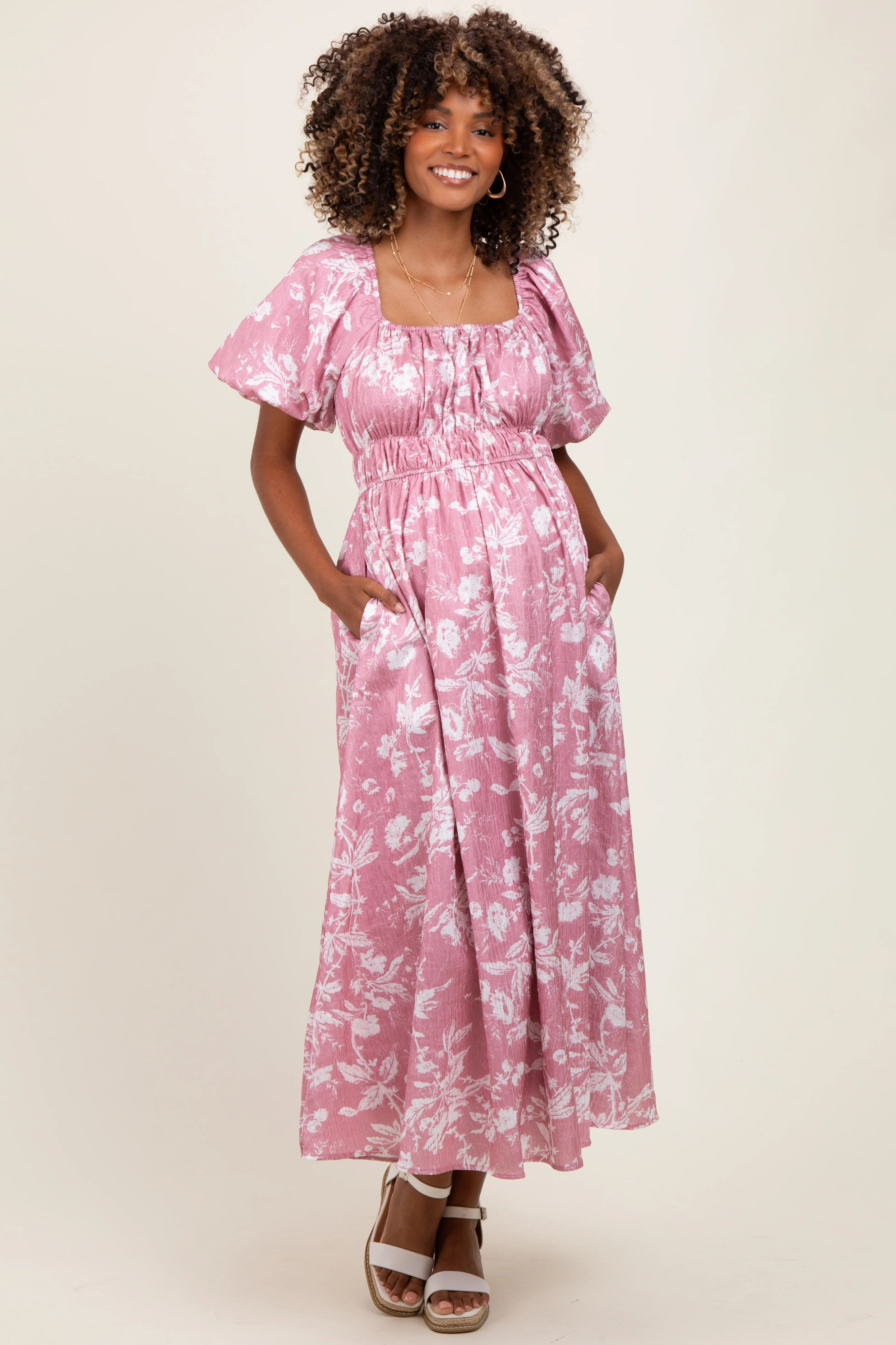 Pink Floral Puff Sleeve Smocked Waist Maternity Midi Dress | PinkBlush Maternity