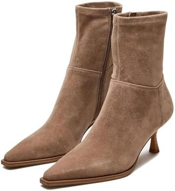 Womens Brown Suede Fall Boots with Side Zip, Ankle, Mid Calf, Pointed Toe, Kitten Heel, Dressy, S... | Amazon (US)