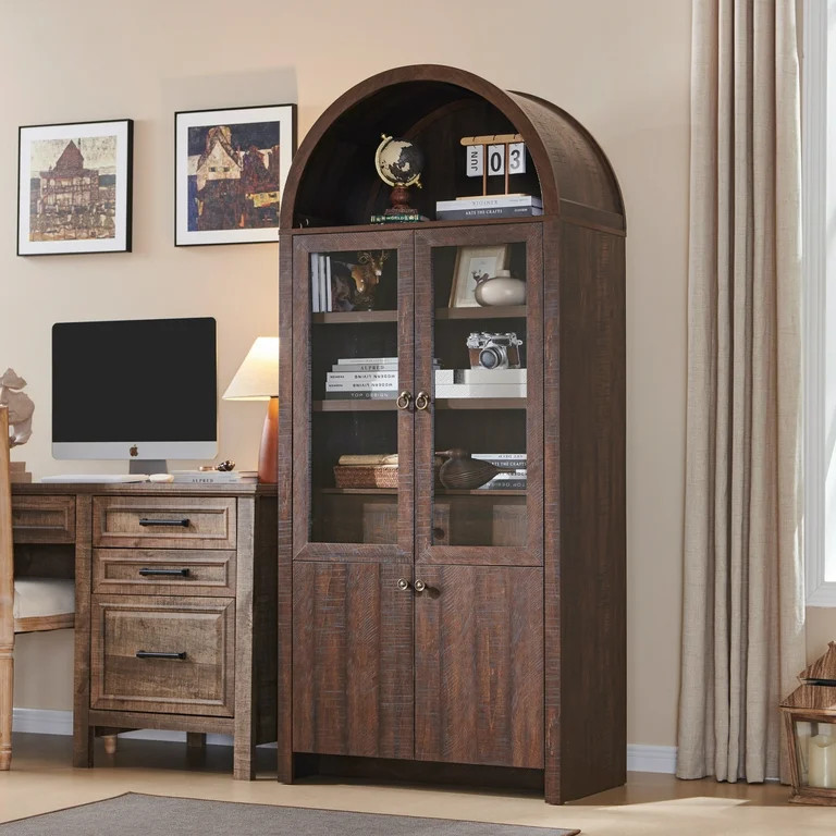 71 " Tall Bookshelf with Storage, 4 Doors & Drawers, Wooden Arched Bookshelf for Living Room Offi... | Walmart (US)