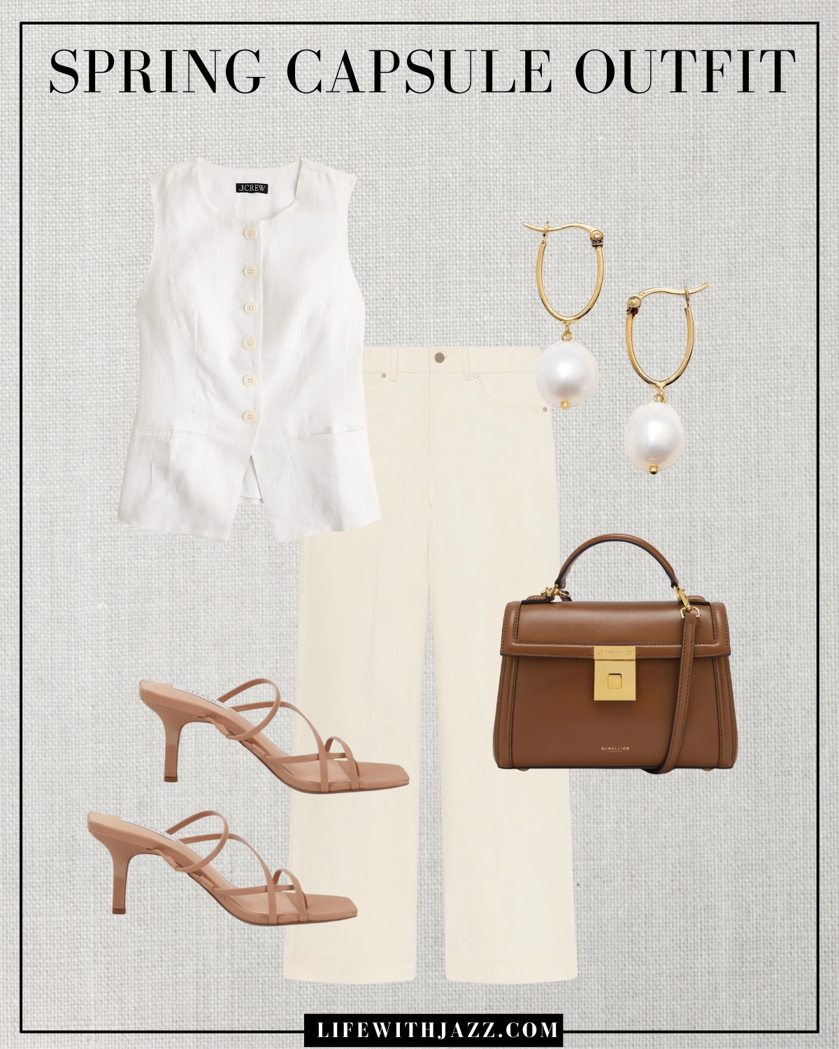 Spring capsule outfit 

Spring capsule / capsule wardrobe / spring style / dressy outfit / classic style / linen vest / ecru wide leg jeans / neutral strappy heels / tan purse / pearl earrings / sc25 

#LTKSeasonal #LTKStyleTip