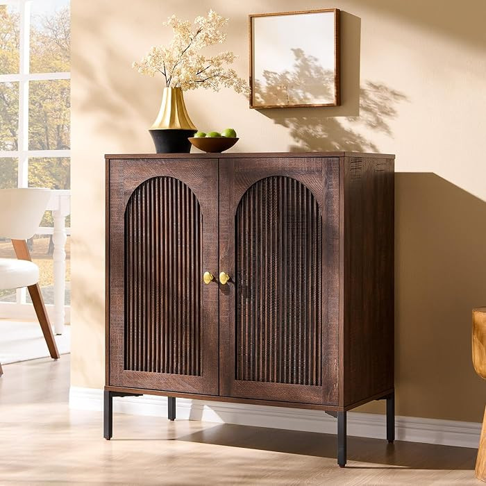 IFGET Modern Buffet Cabinet with Storage, 34" Tall Fluted Arched Sideboard Cabinet w/Adjustable Shelves, Wooden Modular Coffee Bar for Dining Room, Kitchen, Living Room, Entryway, Brown | Amazon (US)