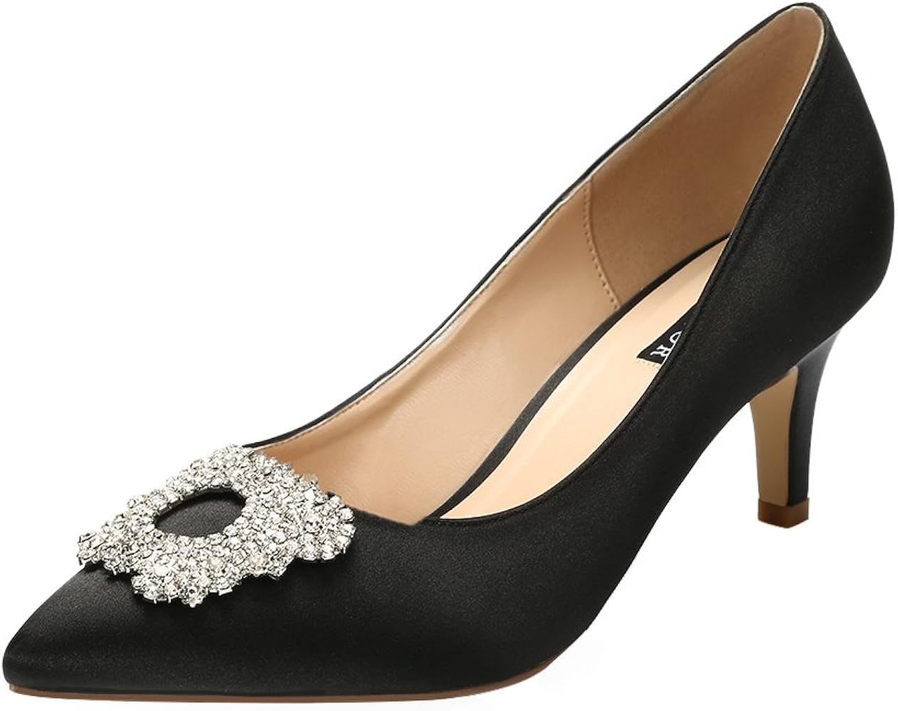 ERIJUNOR Women's Pumps Low Heel Rhinestone Brooch Satin Evening Dress Wedding Shoes | Amazon (US)