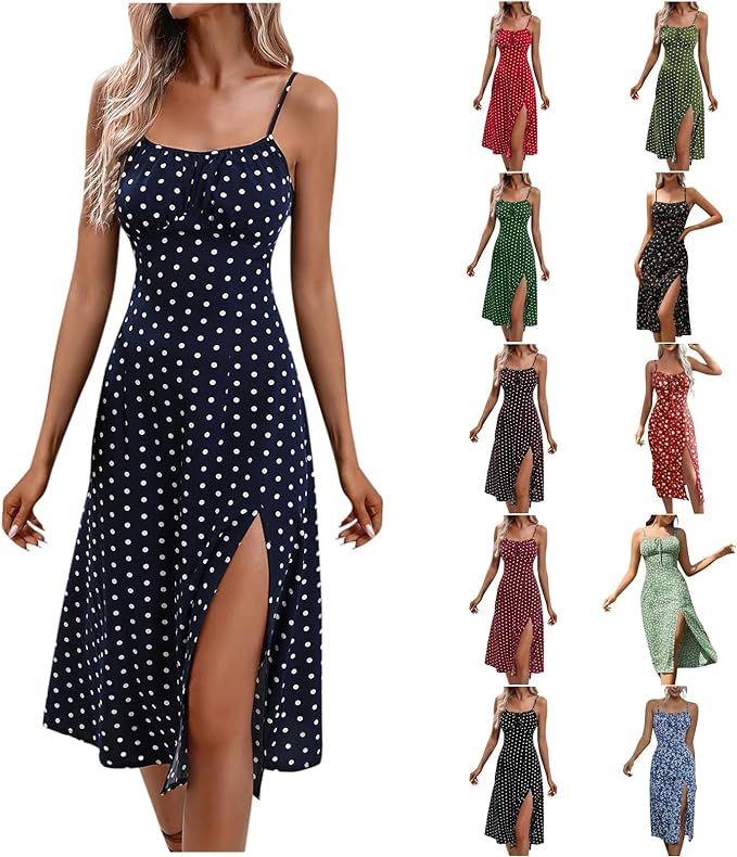 Boho Dresses for Women 2024 Milkmaid Sundress Spaghetti Strap Polka Dot Print Split Side Midi Dre... | Amazon (US)