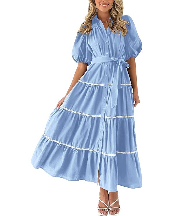 PRETTYGARDEN Women's Summer Button Down Shirt Dress Short Puffy Sleeve Tiered Ruffle Flowy Long M... | Amazon (US)