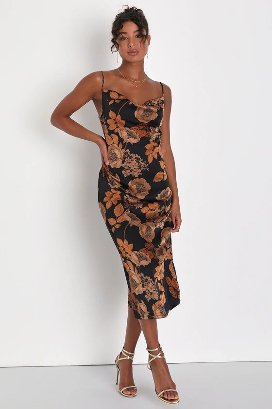 Favorite Icon Black Floral Satin Cowl Neck Slip Midi Dress | Lulus (US)