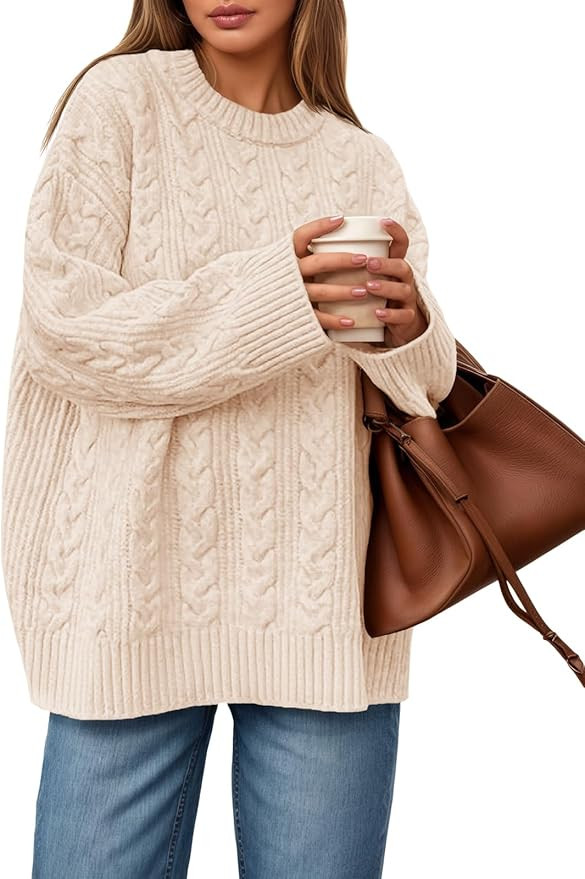 Saodimallsu Womens Cable Knit Sweater Oversized Long Sleeve Chunky Knit Crew Neck Fall Pullover S... | Amazon (US)
