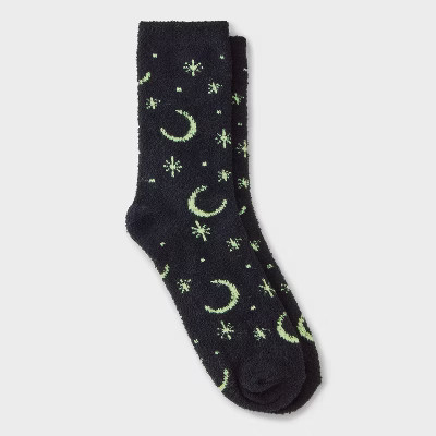 Women's Glow-in-the-Dark Moon and Stars Halloween Cozy Crew Socks - Hyde and EEK! Boutique™ Black 4 - 10 | Target