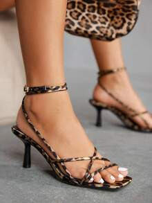 CUCCOO SZL Square Toe Low Heel Minimalist Leopard Print Satin Strap Women's High Heel Sandals For... | SHEIN