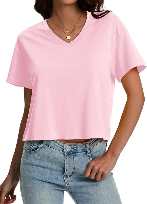 SMENG Women's Cropped T Shirts Loose Cotton Soft UPF50+ Basic Tshirt Vneck Short Sleeve Breathabl... | Amazon (US)