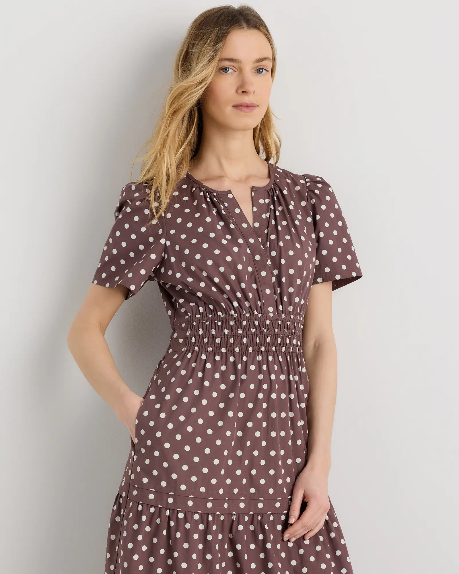 100% Organic Cotton Tiered Maxi Dress in Mocha Midi Dot | Quince