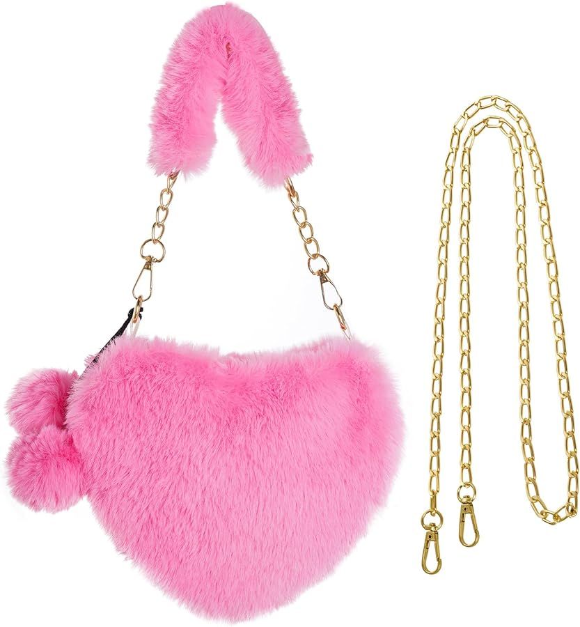 Miayon Heart Shaped Purse Fluffy Crossbody Bag Faux Fur Purse with Chain Furry Clutch Handbag Val... | Amazon (US)