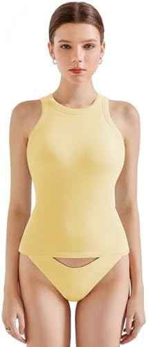 SUUKSESS Women Padded Cotton Ribbed Tank Tops High Neck Racerback Basic Tops | Amazon (US)