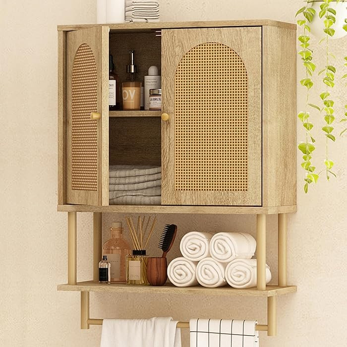 RUSTOWN Rattan Bathroom Wall Cabinet, Modern Boho Medicine Cabinet with Two Arched Rattan Doors, ... | Amazon (US)