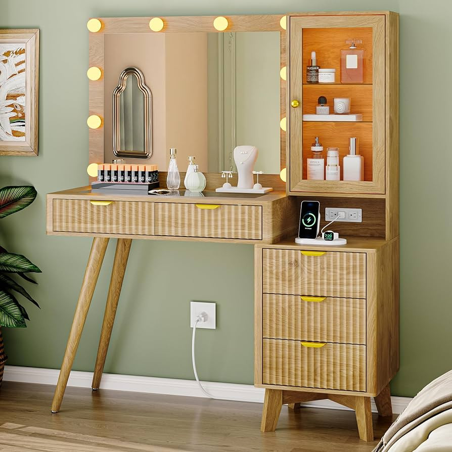 Fluted Vanity Desk with Mirror and Lights, 45" Glass Top Makeup Table Set with 5 Drawers, Power O... | Amazon (US)