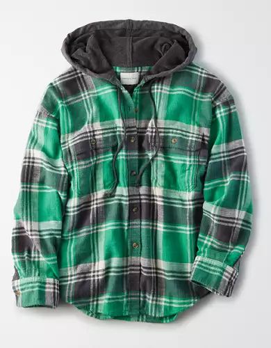 AE Plaid Hooded Button Up Shirt | American Eagle Outfitters (US & CA)