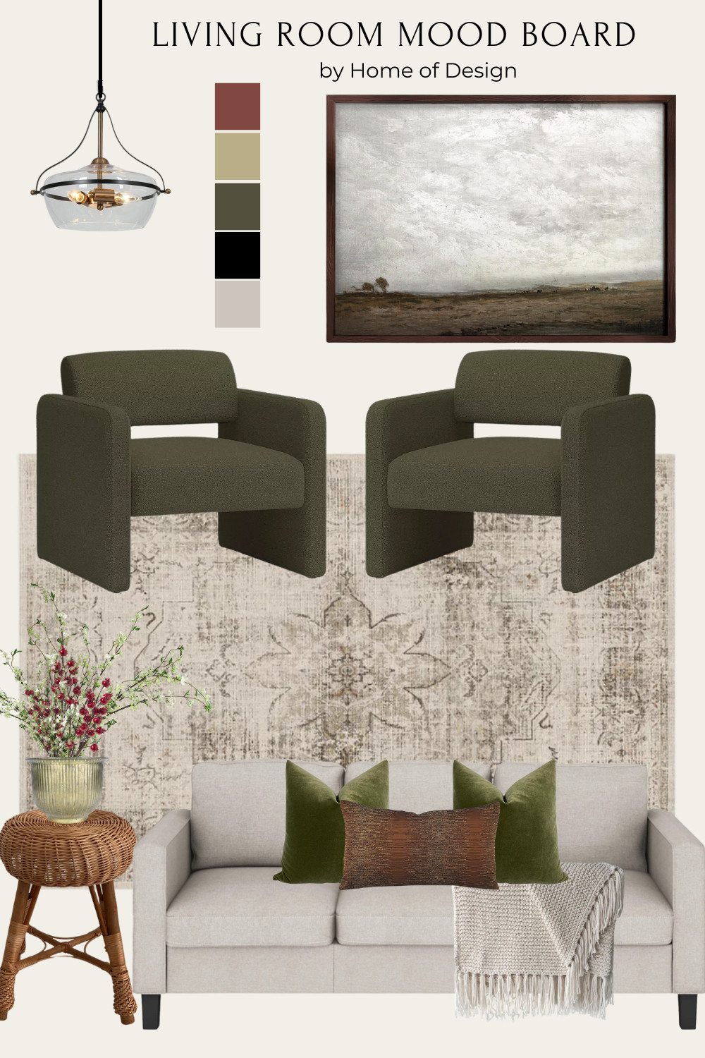 Moody Earthy Toned Living Room Mood Board. Featuring olives and cream colors accompanied by accents of clay red and gold tones. 

 #LTKSeasonal #LTKHome #LTKStyleTip