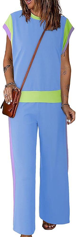 Womens 2 Piece Outfits Set Summer Colour Block Pants Sets 2 Piece Short Sleeve Shirt and Crop Pan... | Amazon (US)