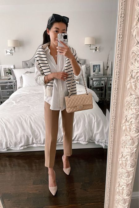 On sale: J.Crew Cameron pants. 30% off one of my favorite petite friendly work pants with code REFRESH // timeless work outfit 
•J.Crew Cameron pant 00 petite 
•Everlane button up shirt 00 
•Sezane sweater xxs 
•Ann Taylor pumps sz 5 - old, I linked the current version of this style & another nude heel I love 
•Amazon sunglasses (https://Amazon.com/shop/ExtraPetite) 
•Chanel bag 
#petite

#LTKshoecrush #LTKworkwear #LTKstyletip