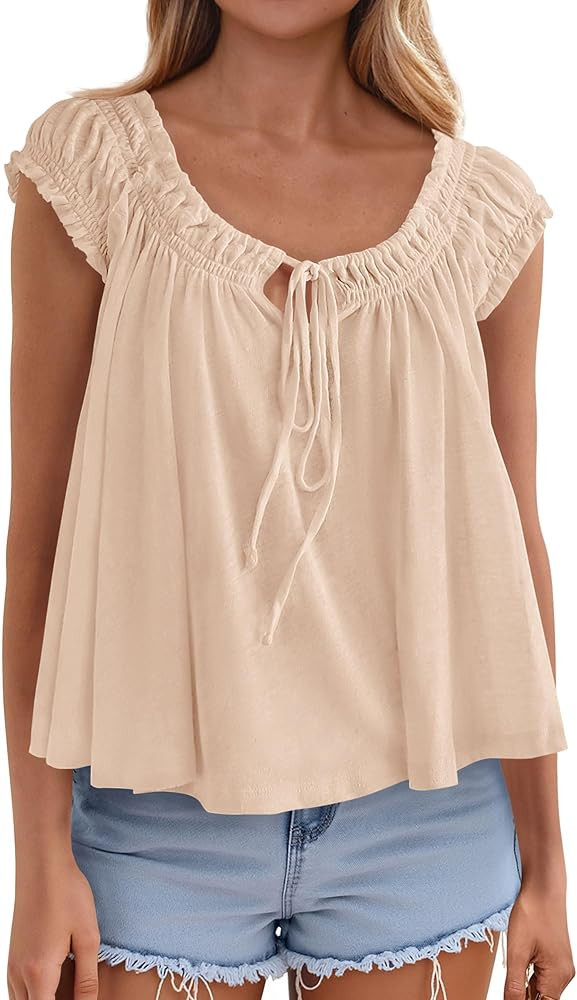 PRETTYGARDEN Women Babydoll Tops 2026 Summer Clothes Cap Sleeve Tie Front Flowy Tank Top Peplum B... | Amazon (US)